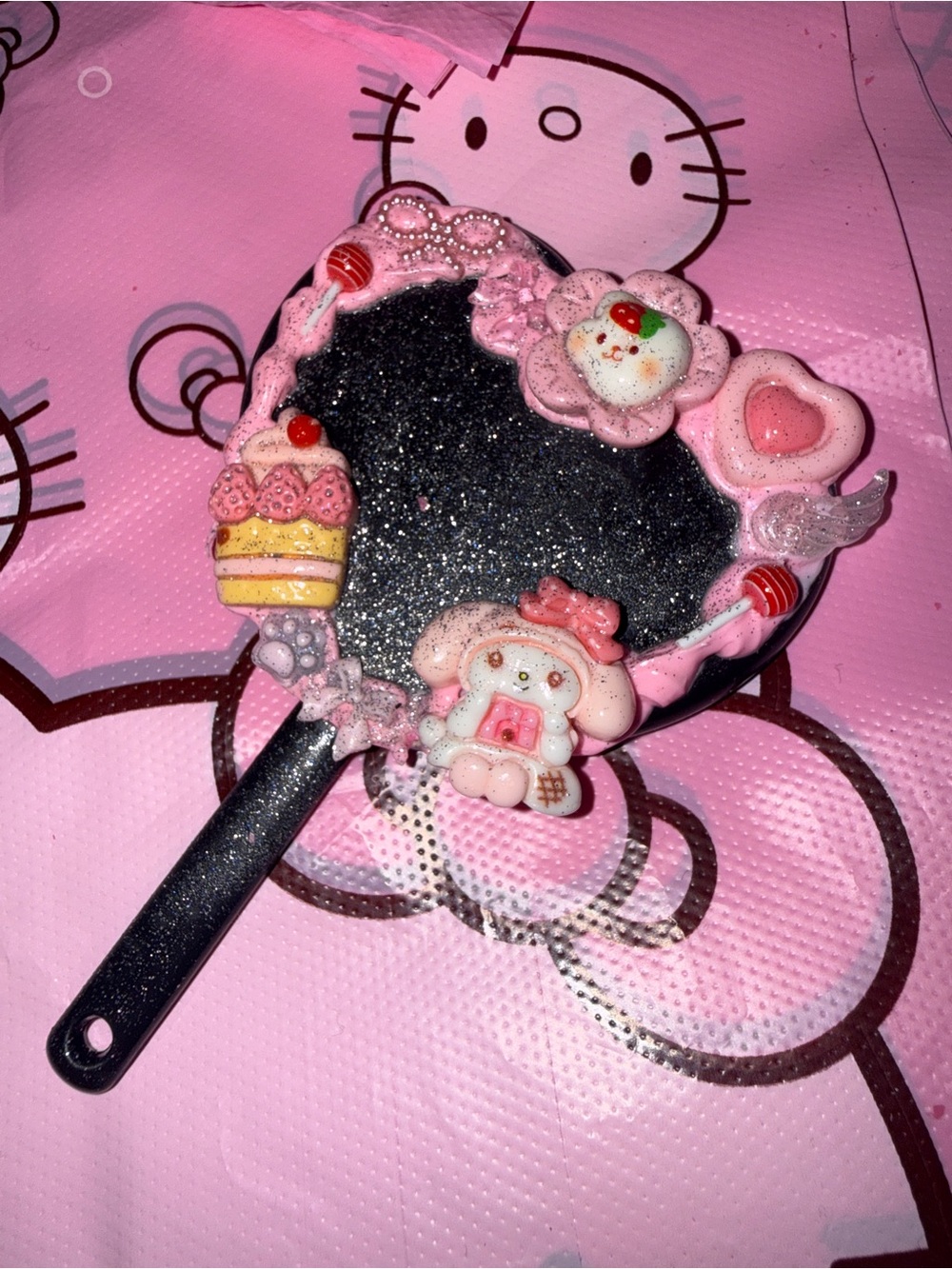 My Melody Pink Decorative Hand Mirror pink black glitter